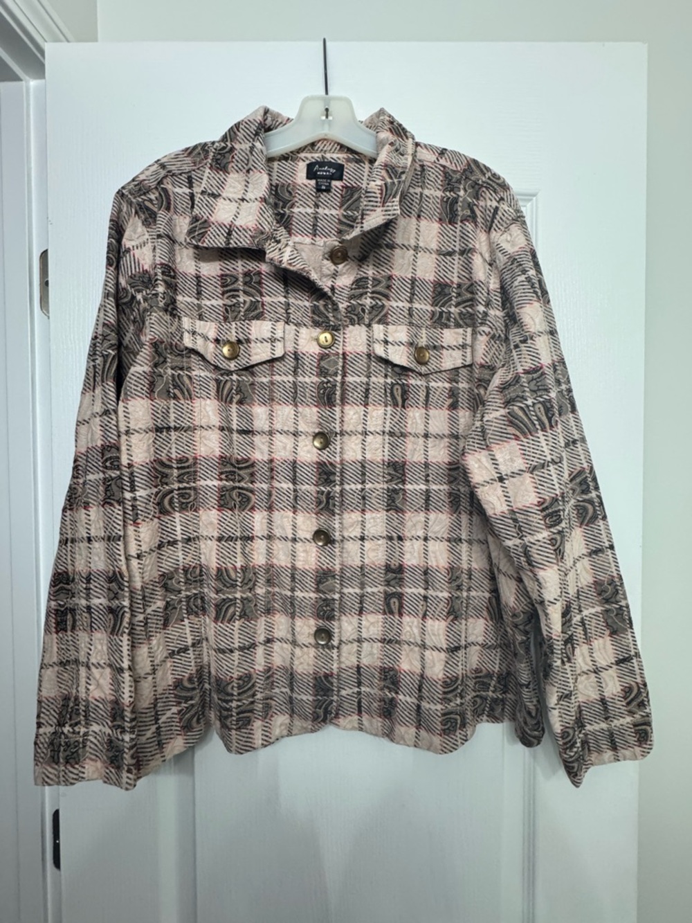 Analogy Woman Plaid Jean Jacket - Pink, Gray, Black